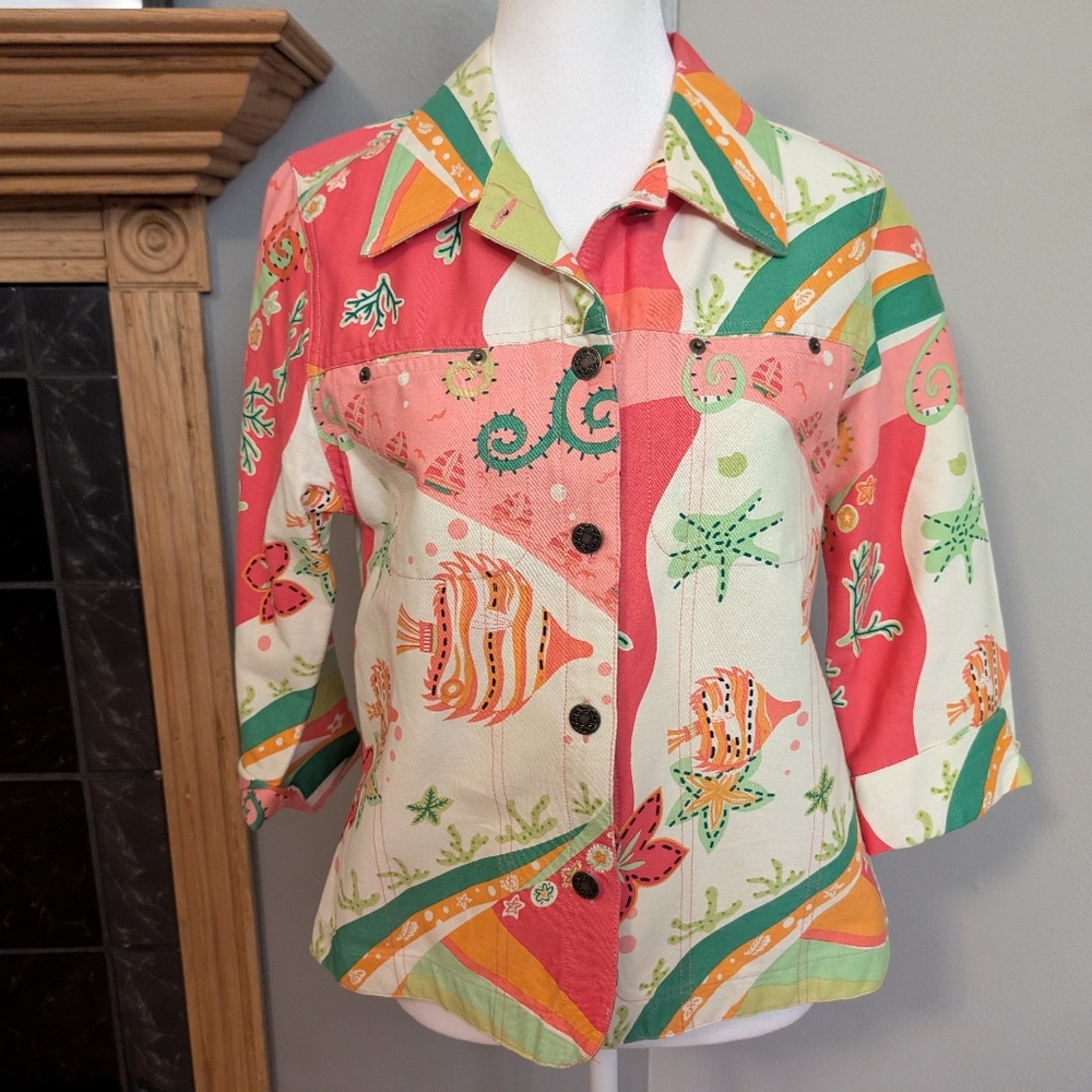 Kaktus‎ Tropical Fish Print Button Front Jacket Blazer Cotton Blend Size L